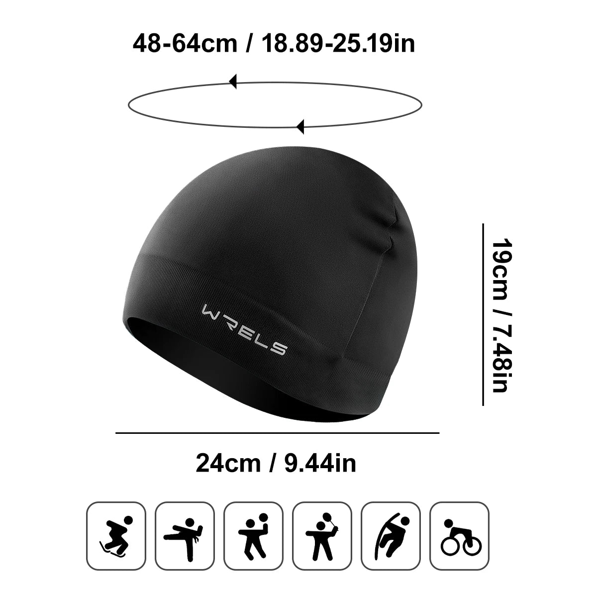 Black windproof thermal knit beanie hat shown with various activity icons.