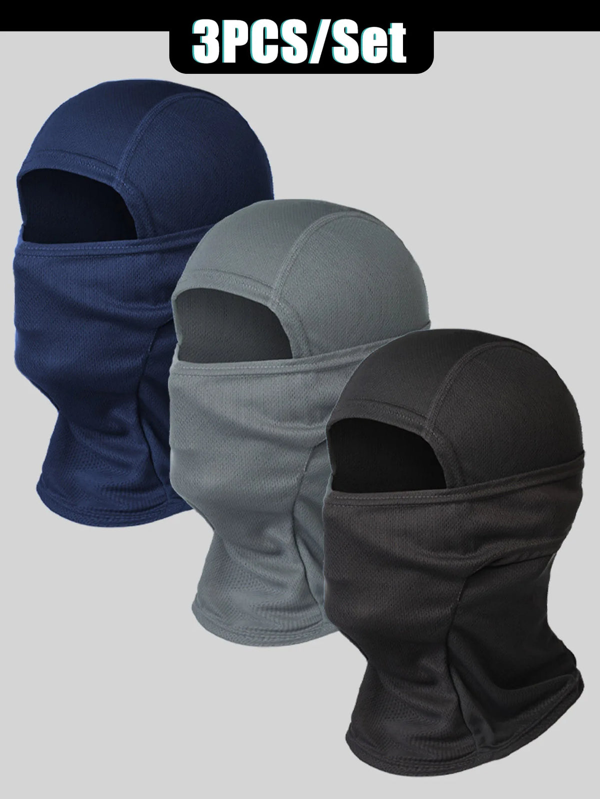 A set of three breathable mesh balaclava face masks in navy blue, gray, and black.