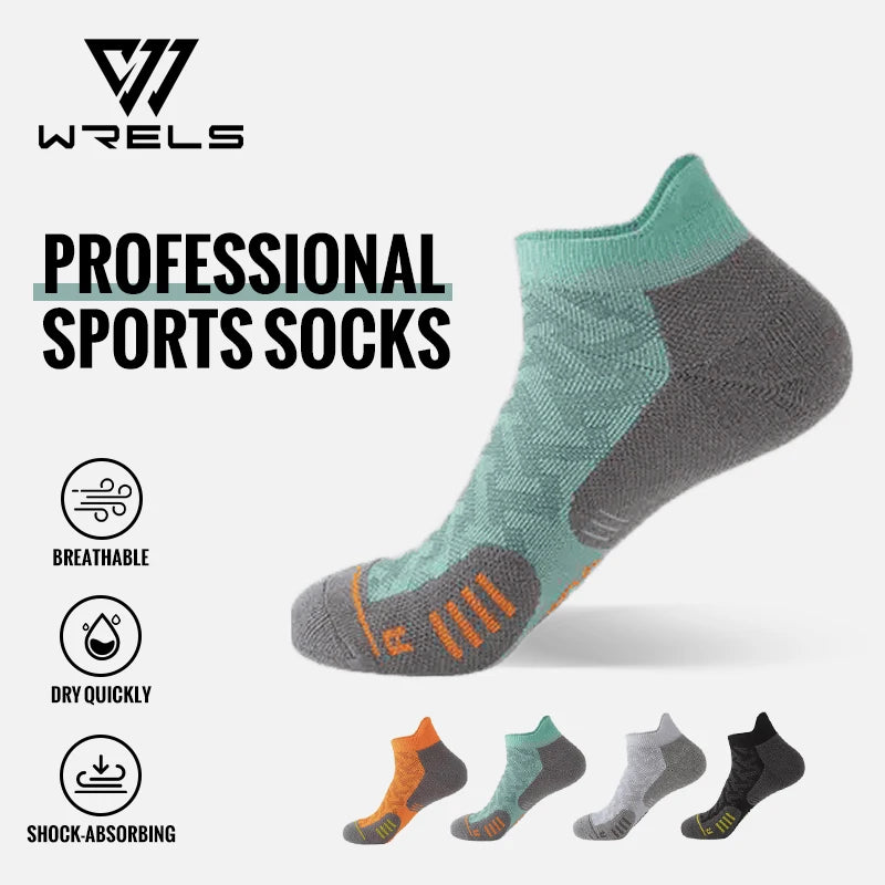 A set of professional sports socks in various colors and styles, demonstrating breathable and shock-absorbing features.
