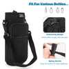 Black adjustable sling water bottle carrier bag with drawstring and spring buckle features