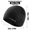 Black windproof thermal knit beanie hat shown with measurements and applicable head circumference