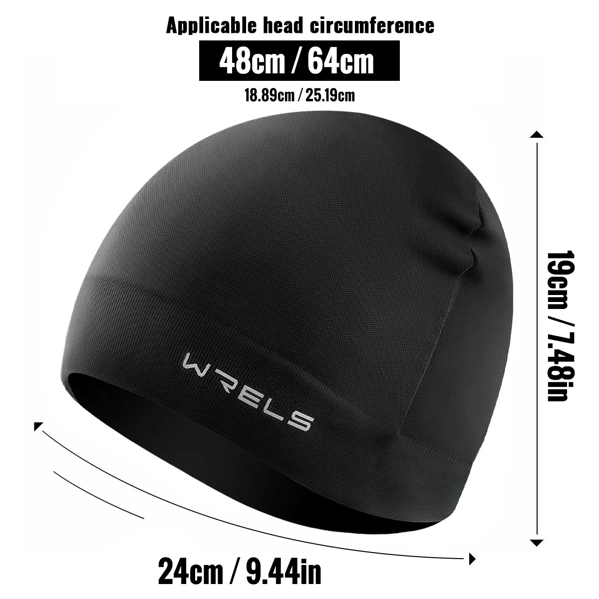 Black windproof thermal knit beanie hat shown with measurements and applicable head circumference