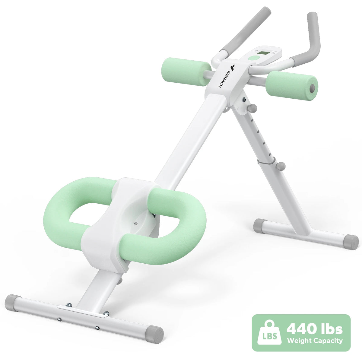 A white adjustable core abdominal trainer with light green handles and a gray base.