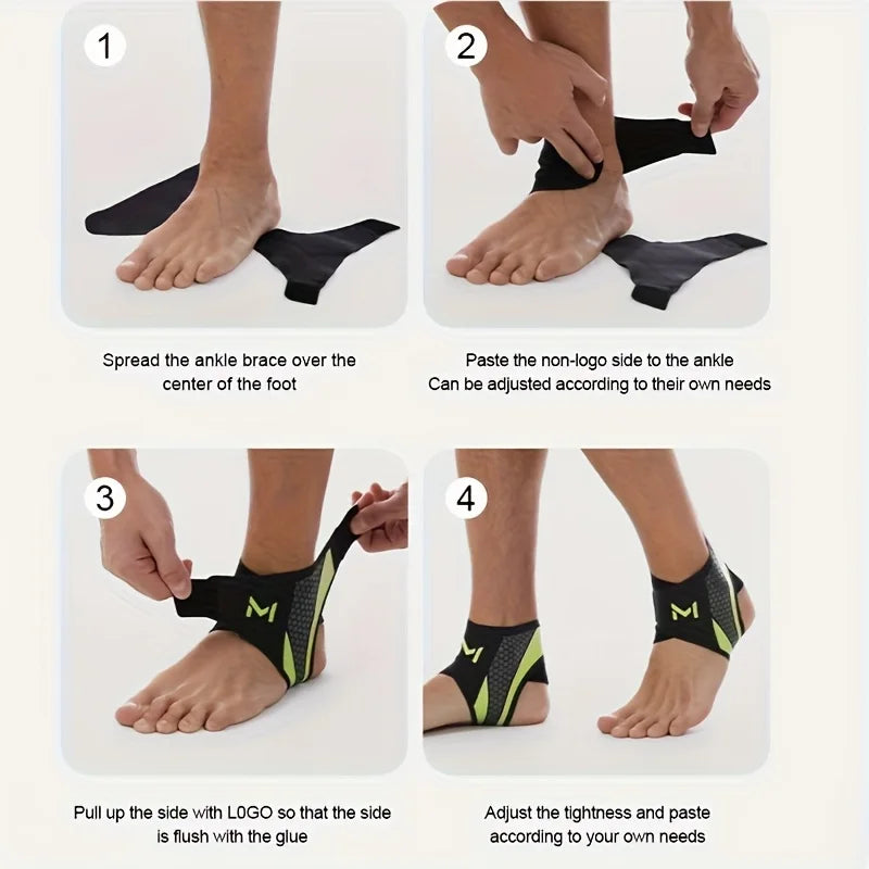 Instructions showing how to apply and adjust an ankle compression strap for foot support.