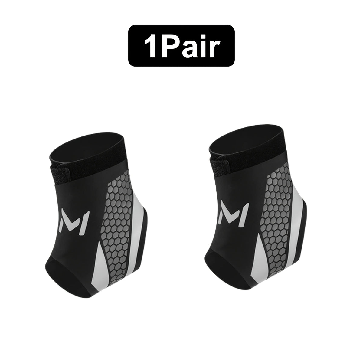 A pair of black ankle compression straps with a mesh pattern and white accents.