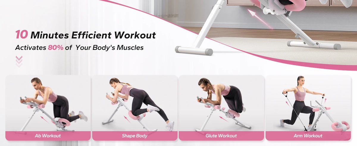A woman performs an ab workout on an adjustable core abdominal trainer.