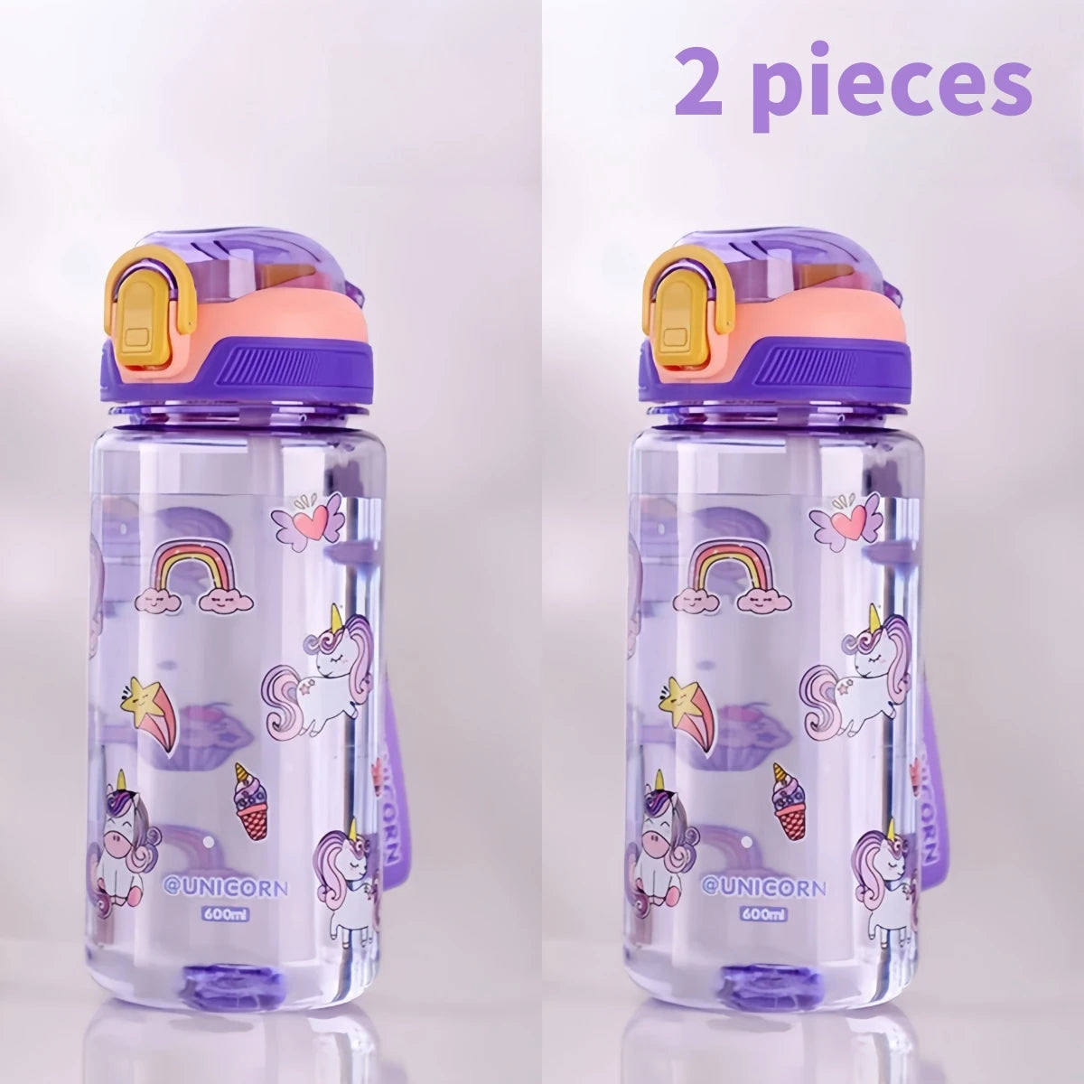 Two purple and pink unicorn silicone straw water bottles for kids