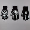 Black gloves with white skeleton designs on the palm and back of the hand
