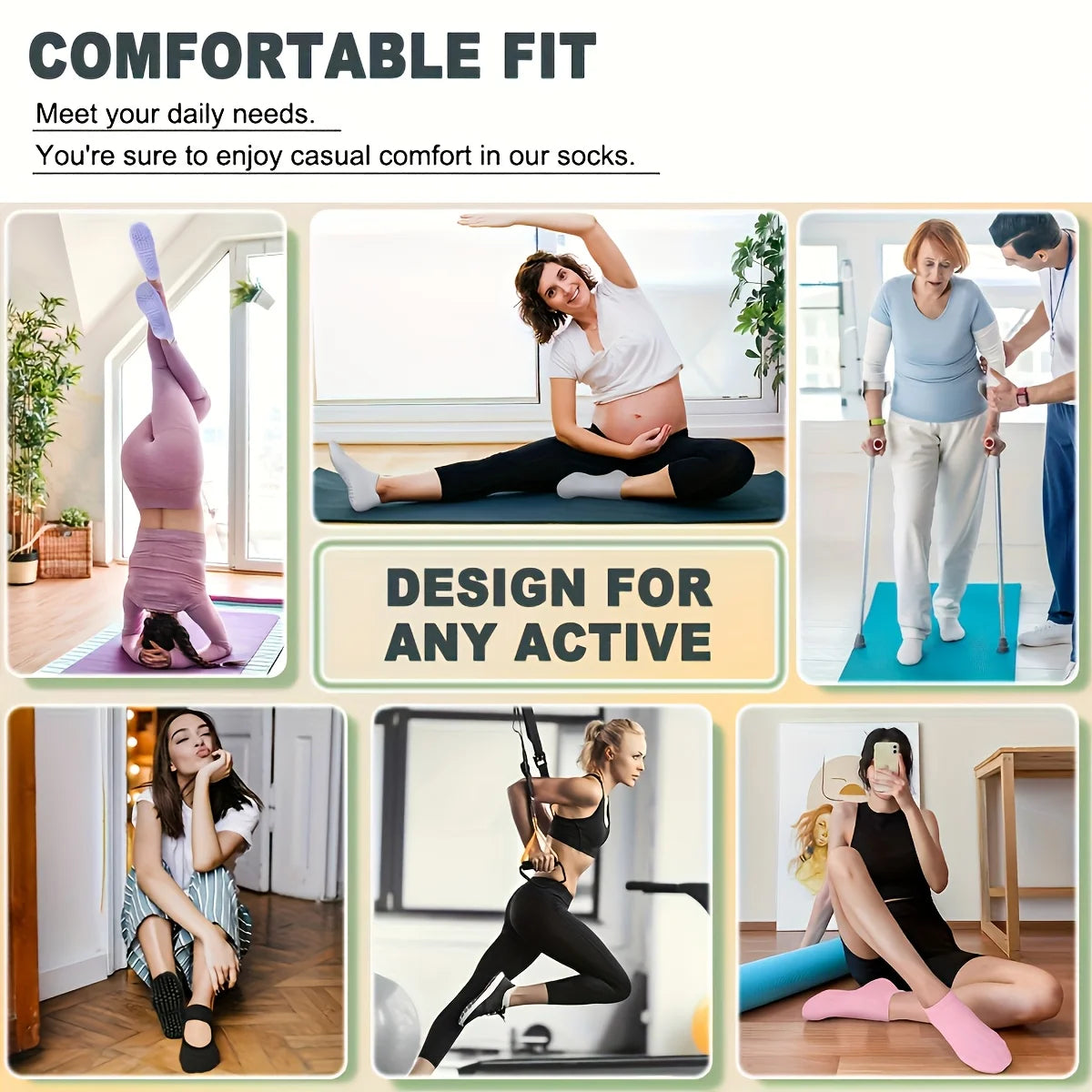 Silicone yoga pilates socks shown being used by a woman for comfort and grip during daily activities.