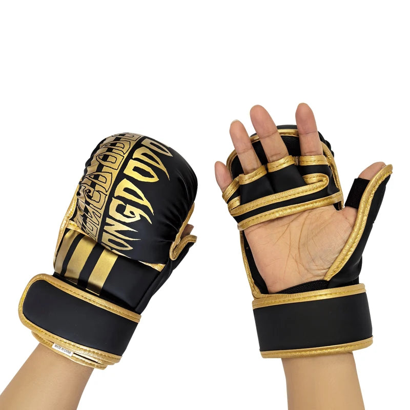 Pair of black and gold PU leather boxing training gloves shown on a hand.