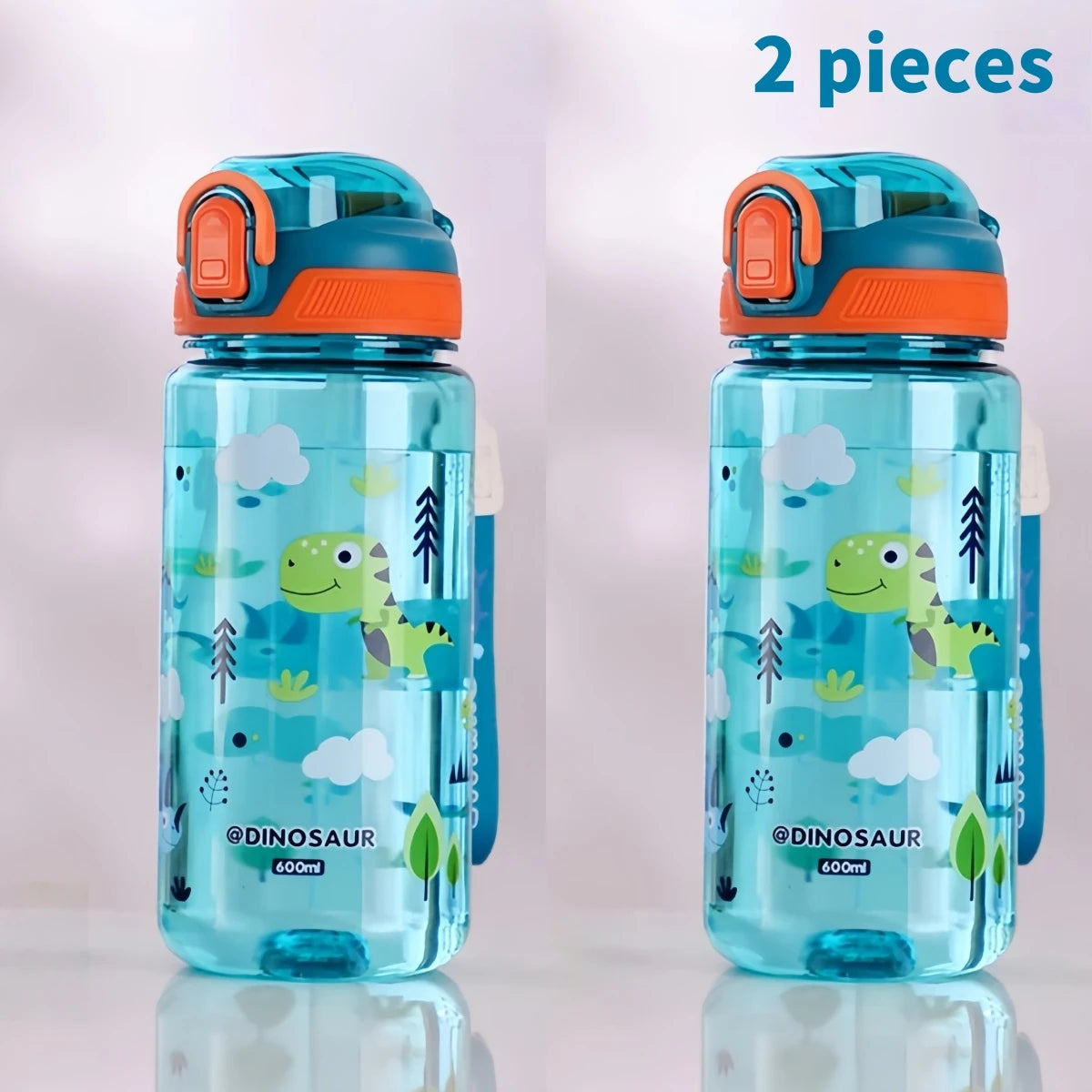 Two clear silicone water bottles with dinosaur designs and orange lids for kids