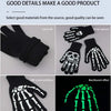 A display of various skeleton hand gloves made from different materials including Lycra rib, three options, and silk-screen p