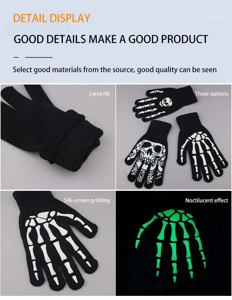 A display of various skeleton hand gloves made from different materials including Lycra rib, three options, and silk-screen p
