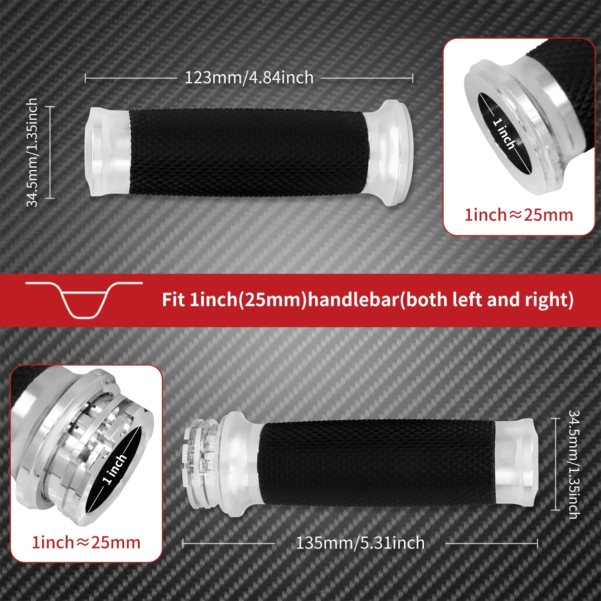 Schwarze Motorradgriffe mit 1 Zoll (25 mm) Durchmesser und 135 mm Länge.