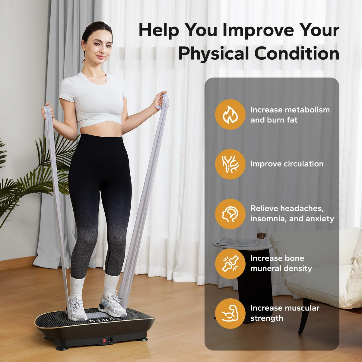 Una mujer usando una plataforma de vibración para ejercicio de cuerpo completo en interiores.