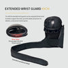 A black extended wrist guard is shown, demonstrating how it can be wrapped three times for support and protection.