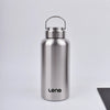 A silver stainless steel water bottle with a hinged cap is shown against a light gray background.