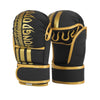 A pair of black and gold durable PU leather boxing training gloves shown from the side.
