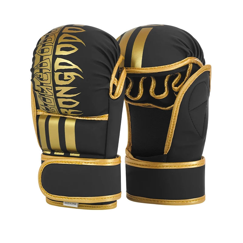 A pair of black and gold durable PU leather boxing training gloves shown from the side.