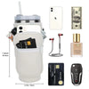 A beige adjustable water bottle carrier bag with a phone pocket and a separate bank card holder.