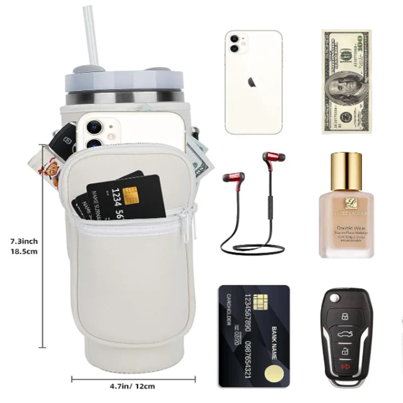 A beige adjustable water bottle carrier bag with a phone pocket and a separate bank card holder.