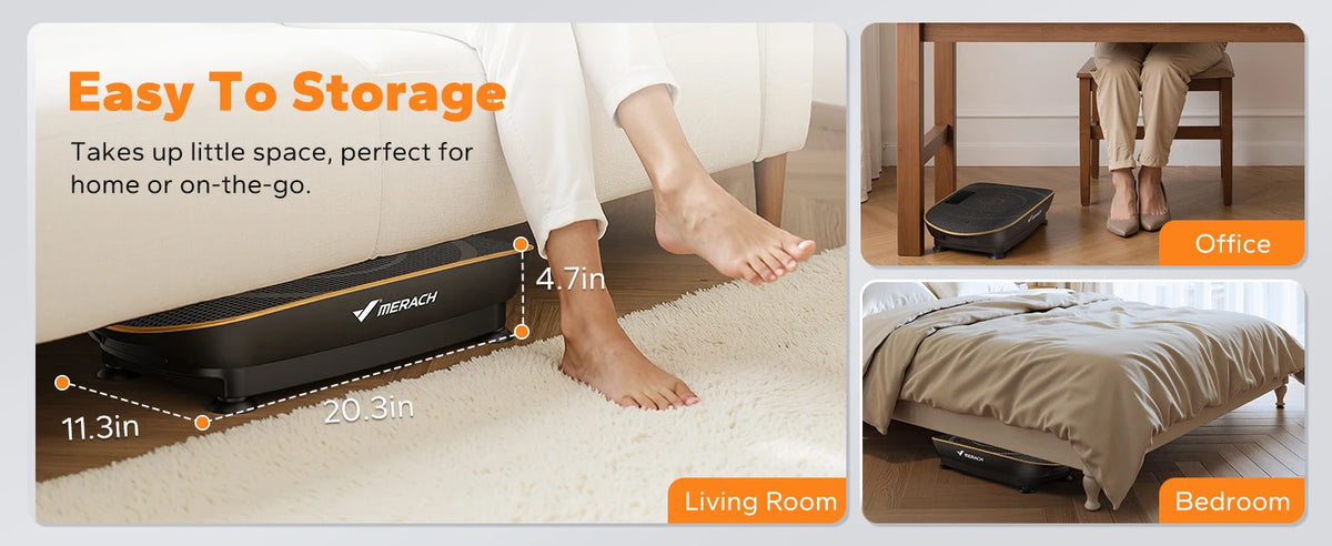Una placa vibratoria se muestra siendo utilizada en una alfombra de una sala de estar y guardada debajo de una cama en un dor