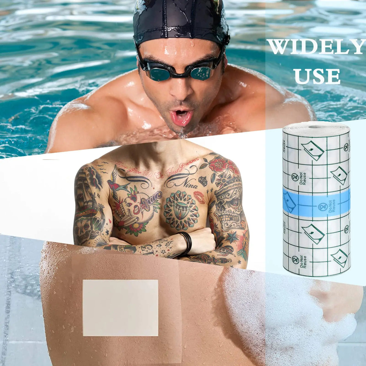 Ein Mann mit Schwimmbrille im Wasser, neben einer Rolle wasserfester Stretchklebeband-Verbandmaterial.