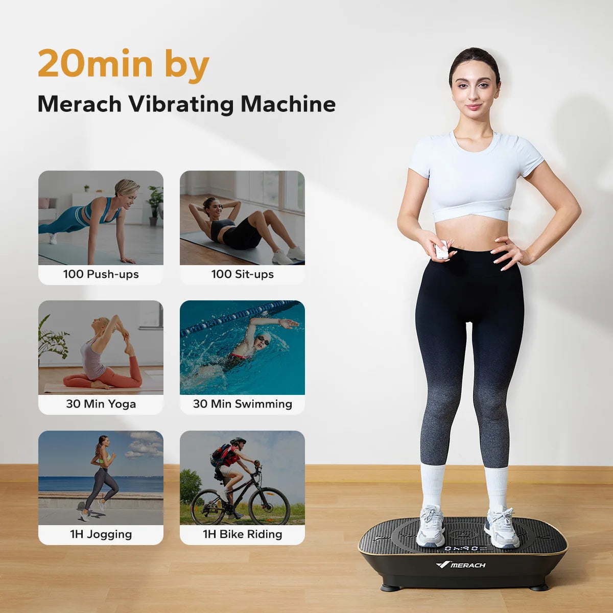 Una mujer realiza ejercicios como flexiones, yoga y trote en una máquina vibratoria.