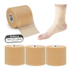 Four rolls of tan athletic foam tape used for joint protection, shown as a roll and a wrapped leg.