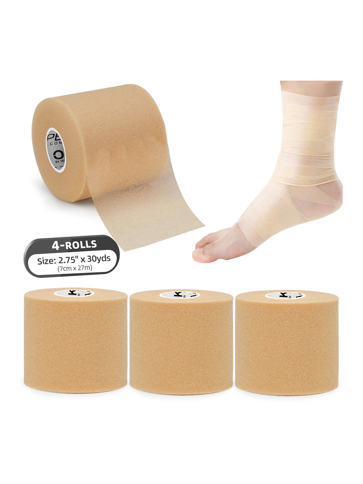 Four rolls of tan athletic foam tape used for joint protection, shown as a roll and a wrapped leg.