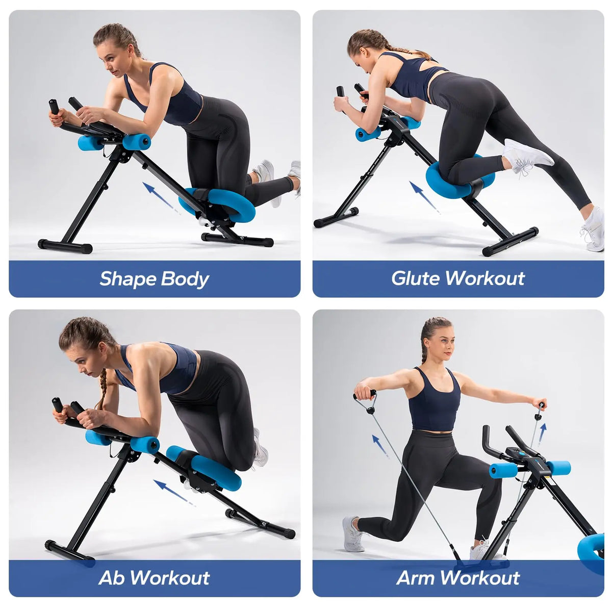 Four images showing different workouts for an adjustable core abdominal trainer: Shape Body, Glute Workout, Ab Workout, and A