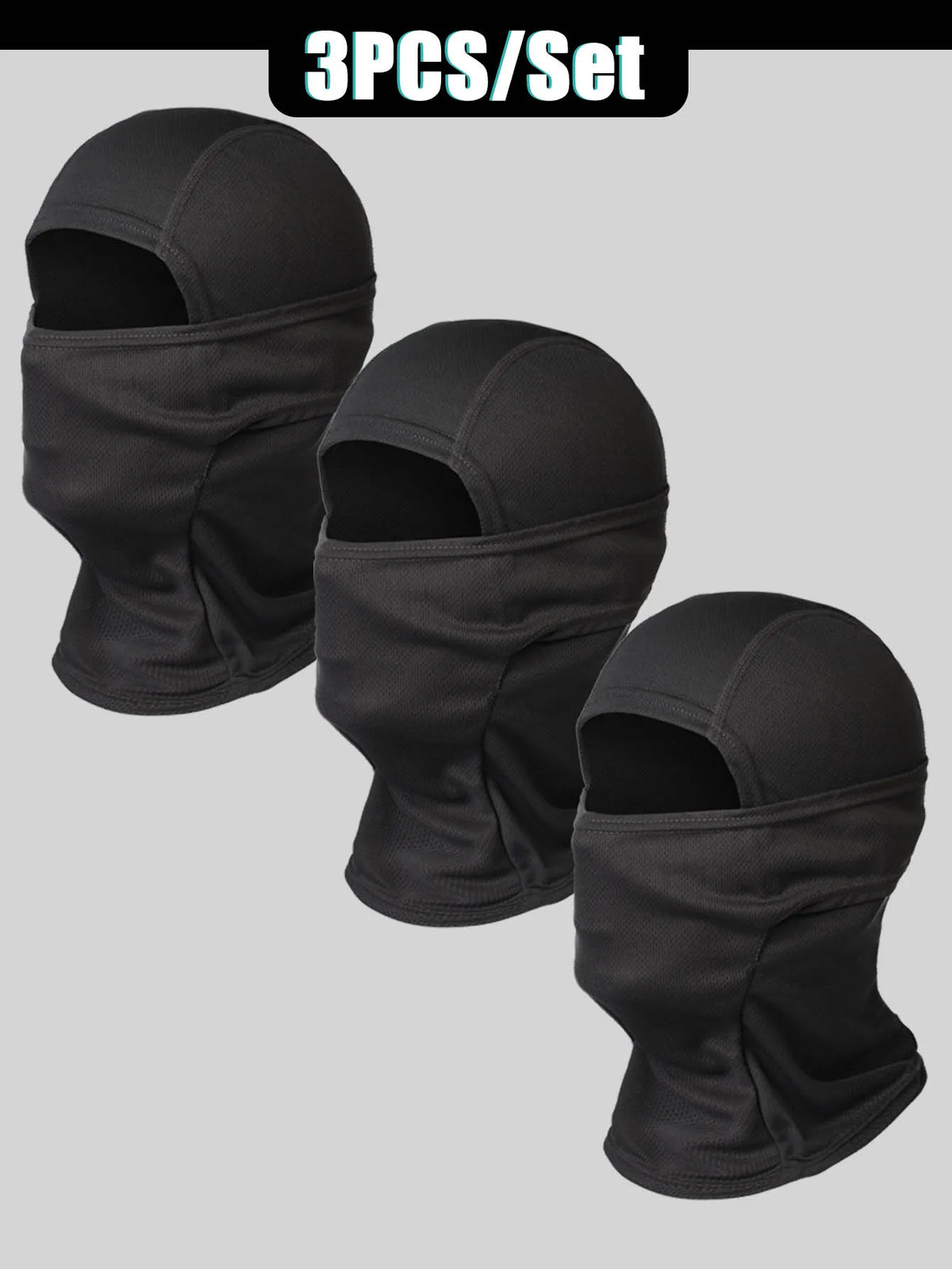 A set of three black breathable mesh balaclava face masks shown against a light gray background.