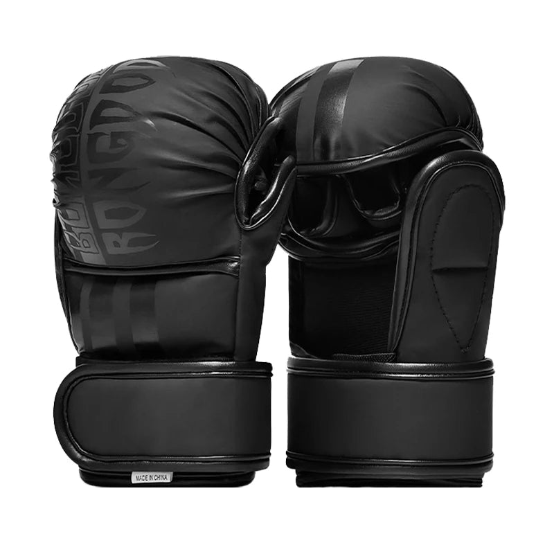 A pair of black durable PU leather boxing training gloves shown from the top view.