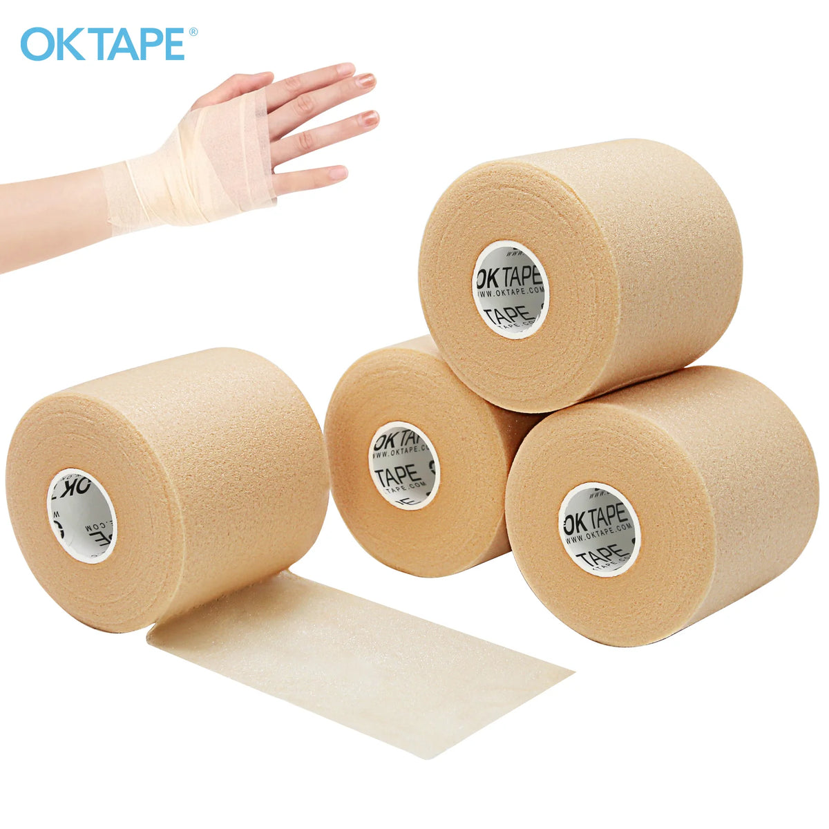 Rolls of beige athletic foam tape and a hand wrapped with the tape for joint protection.