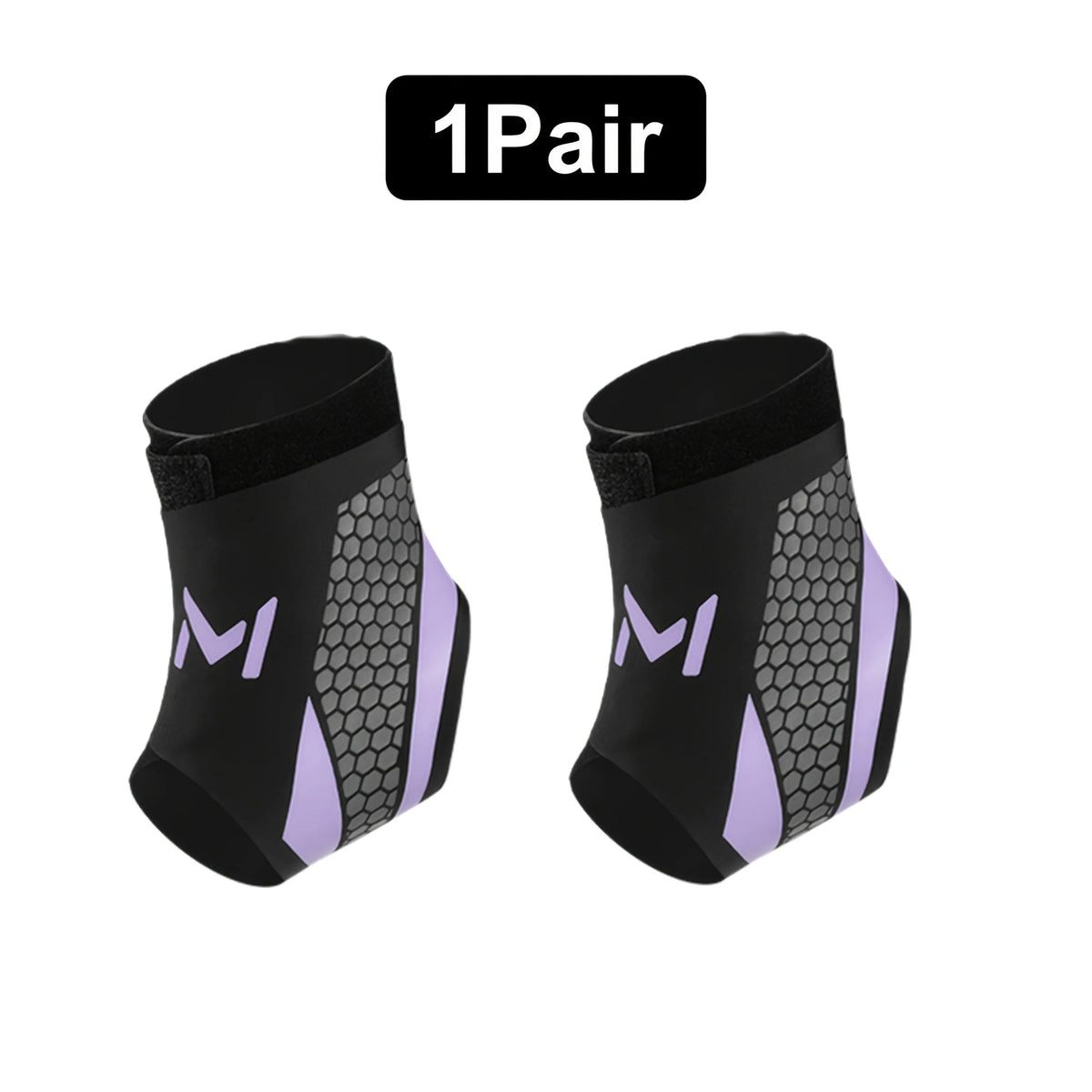 A pair of black and purple adjustable ankle compression straps.