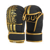 A pair of black and gold boxing training gloves with ornate stitching on the wrist.
