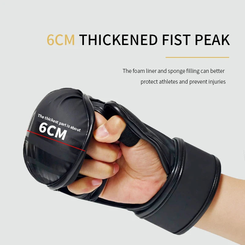 Black boxing training gloves showing the 6cm thickened fist peak feature.