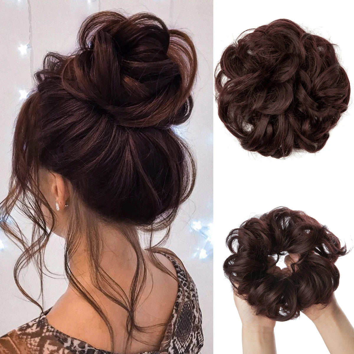 A close-up of dark brown messy curly hair bun extensions styled in an updo.