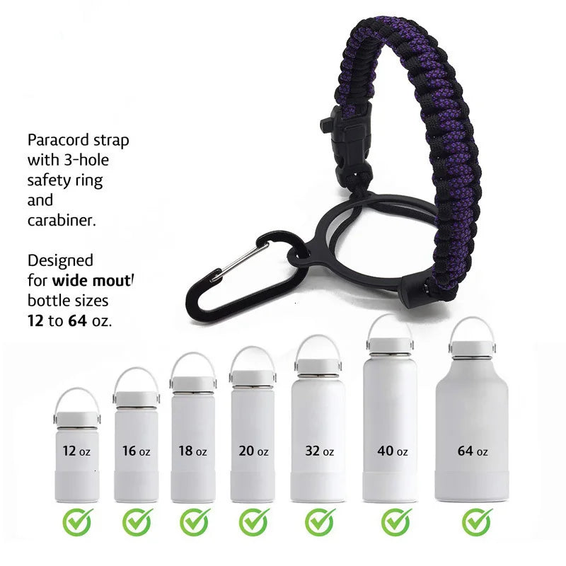 Black paracord strap with a safety ring and carabiner designed to secure water bottles.