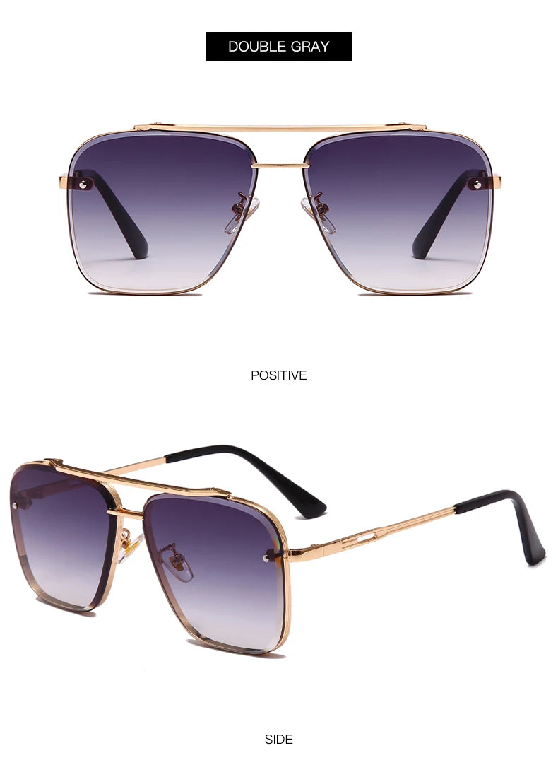 Gafas cuadradas clásicas grises dobles de metal, vistas frontal y lateral.