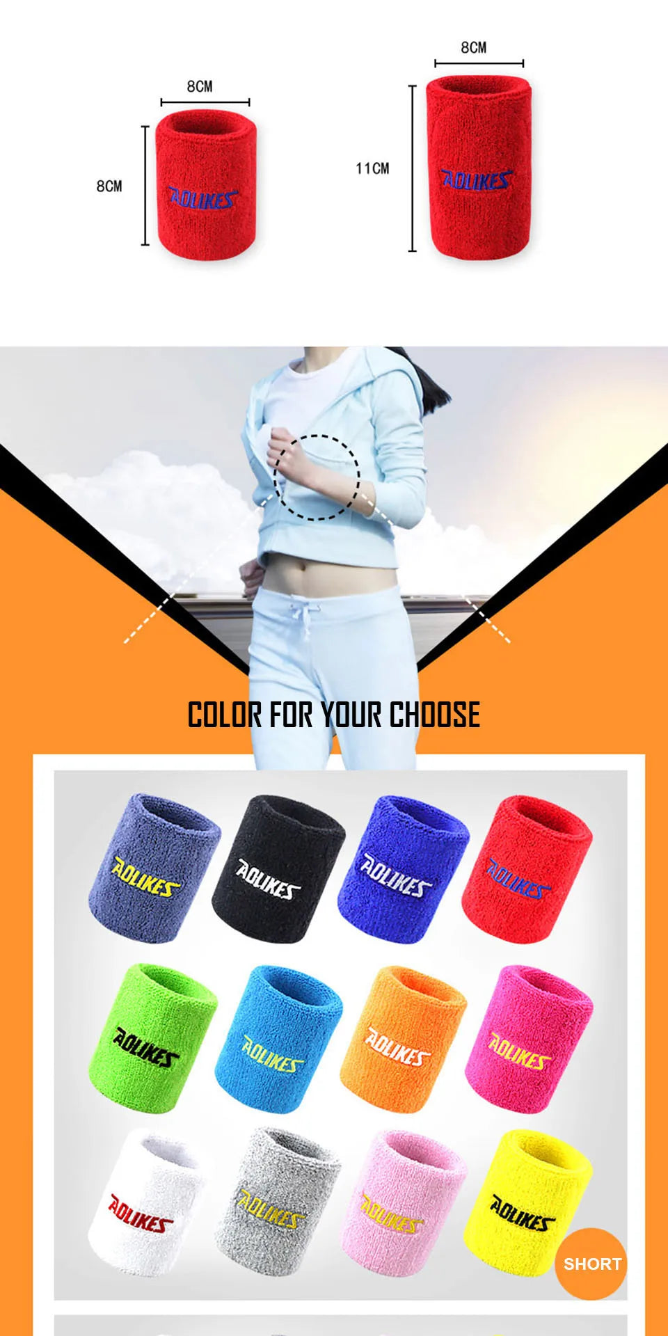 A variety of red, blue, and yellow sport wristbands are displayed for activewear.