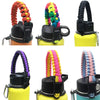 Various colored paracord straps used as bottle holders for hiking and travel
