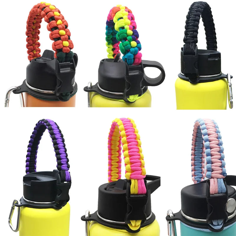 Various colored paracord straps used as bottle holders for hiking and travel
