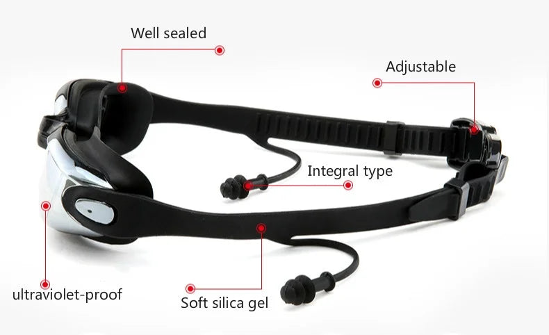 A black swim mask and goggles with an adjustable strap, soft silica gel, and ultraviolet-proof features.