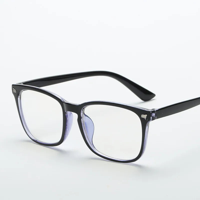 A pair of black full frame optical glasses with clear lenses and purple accents.