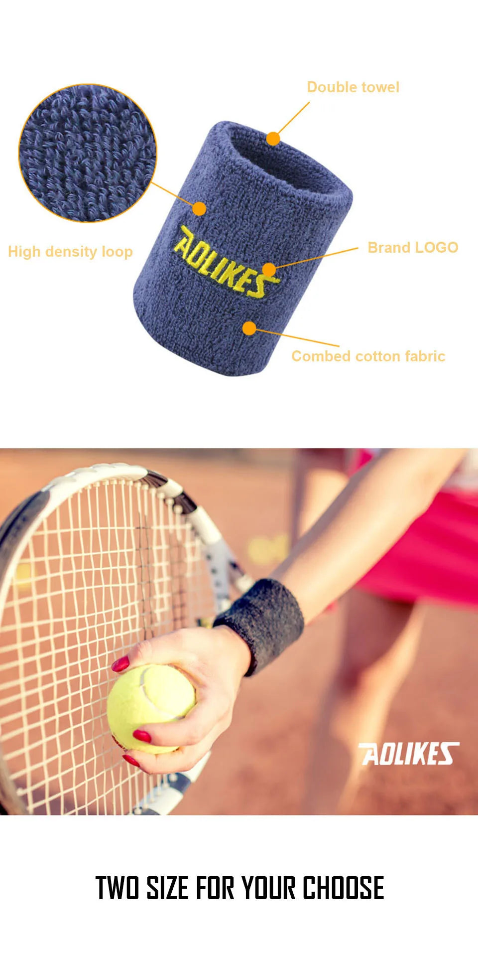 A close-up of a dark blue woven wristband with the AOLIKES logo being held by a hand near a tennis racket.