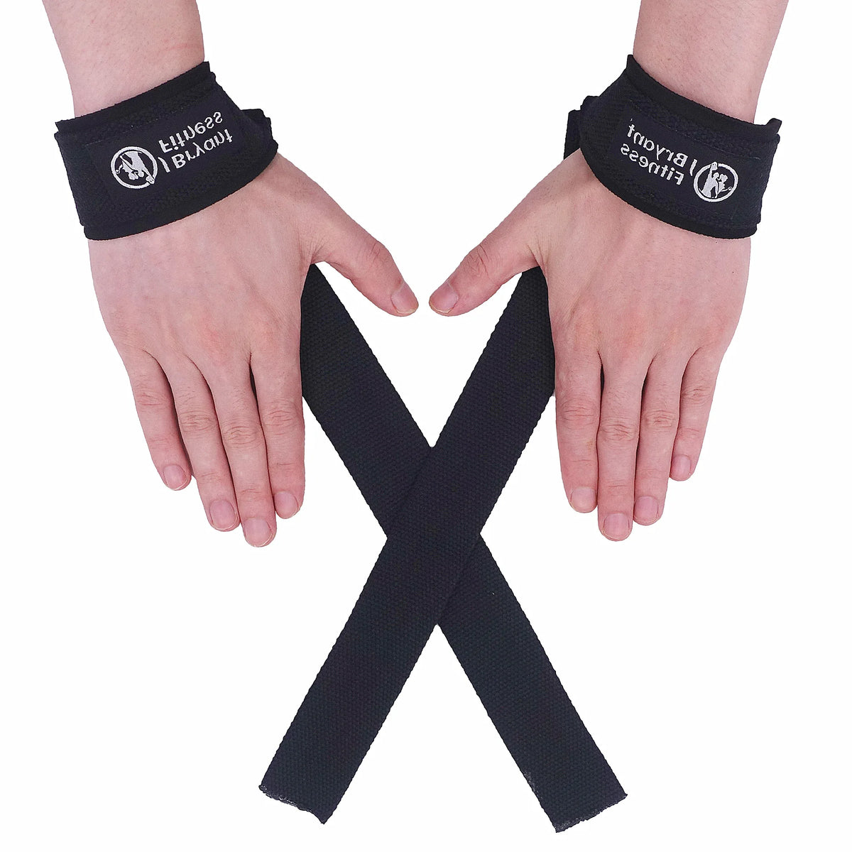 A pair of hands wearing black wrist straps with a white logo, crossed in an X shape.
