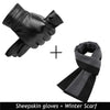 Gants en cuir de mouton noir et une écharpe d'hiver assortie noir et gris