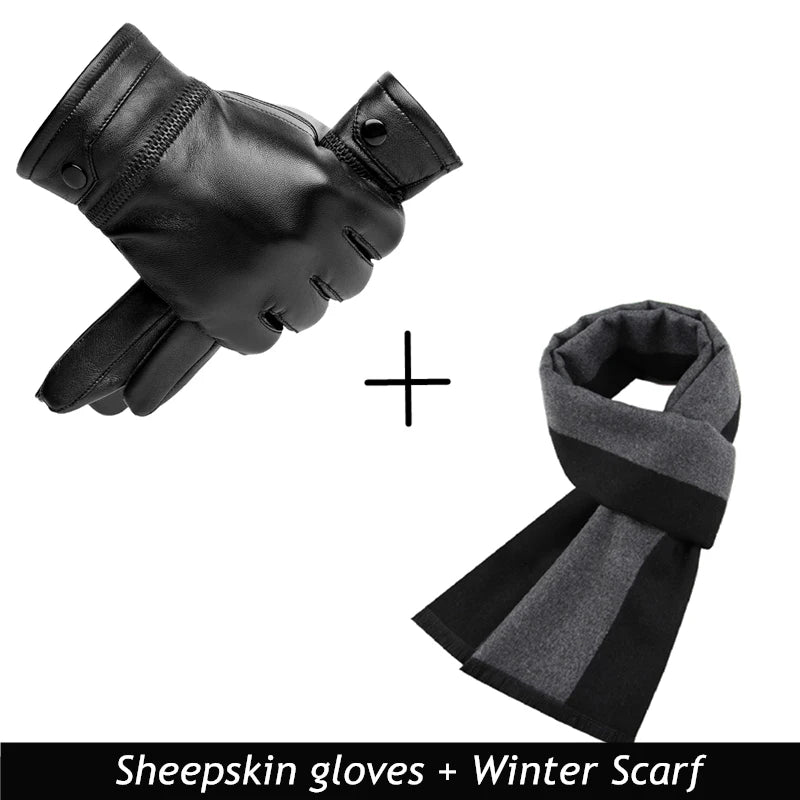 Gants en cuir de mouton noir et une écharpe d'hiver assortie noir et gris