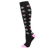 Black compression socks with pink paw prints and a pink toe section